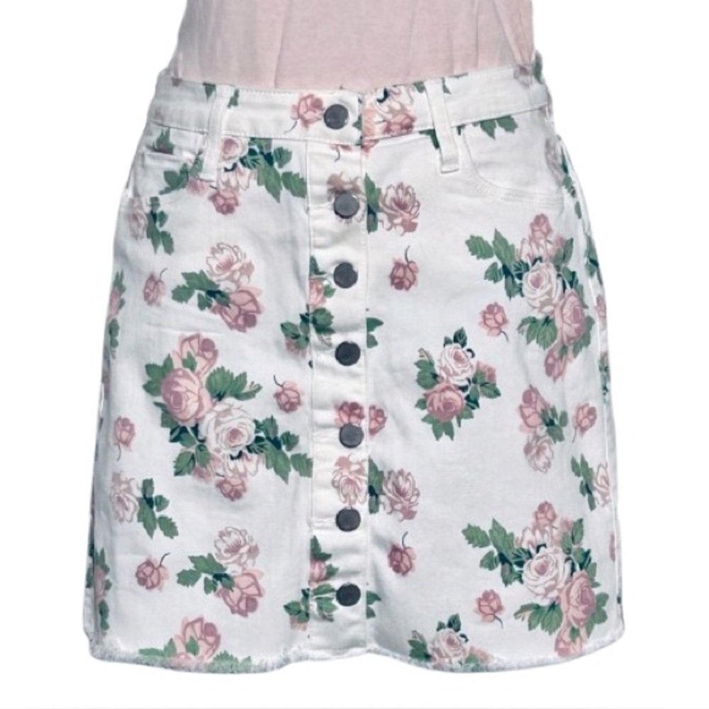 WASH LAB SIZE 6 WHITE DENIM JEAN SKIRT FLORAL PINK ROSES BOHO COTTON